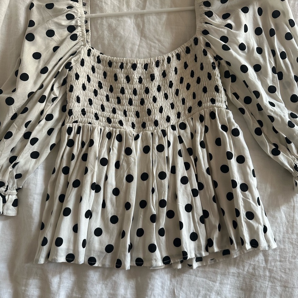 Faithfull the Brande Polka Dot Smocked Blouse - Black and White